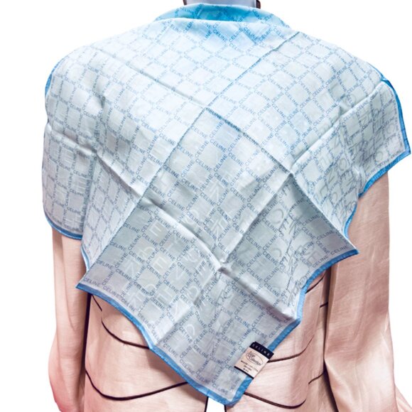 New-Tag Lg Collect CELINE Paris Mini Scarf 23" Cotton Teal Blue Logo Printed (96 - Picture 3 of 8